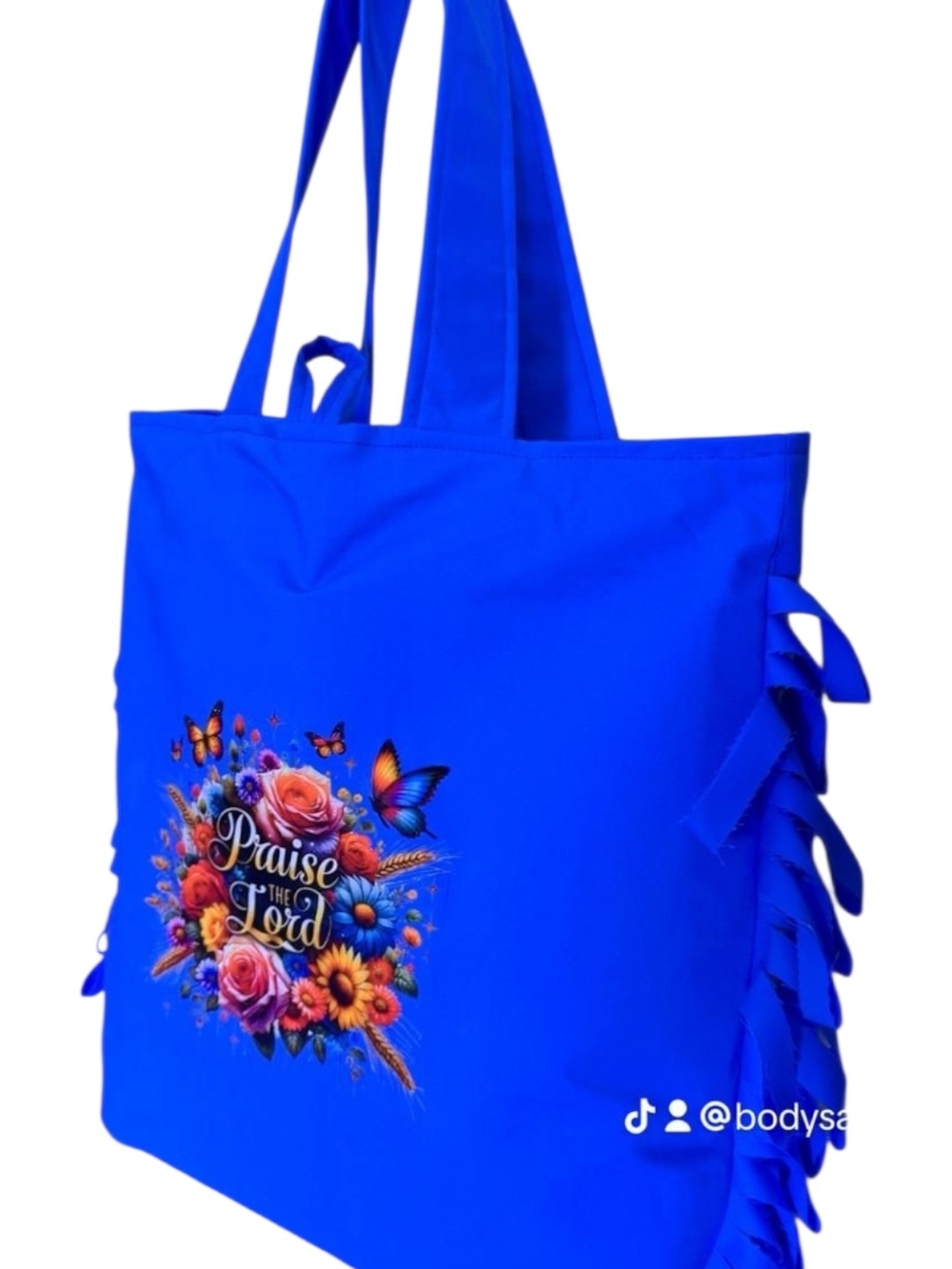 Blue Floral 'Praise The Lord' Tote Bag with Ribbon Side Detail